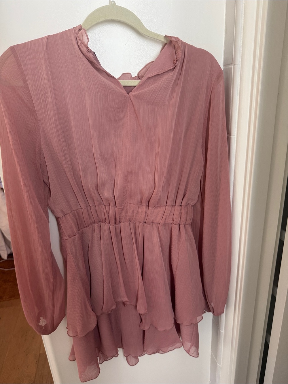 ZARA Dusty Rose Ruffled Long-Sleeve Chiffon Dress - Picture 4 of 4